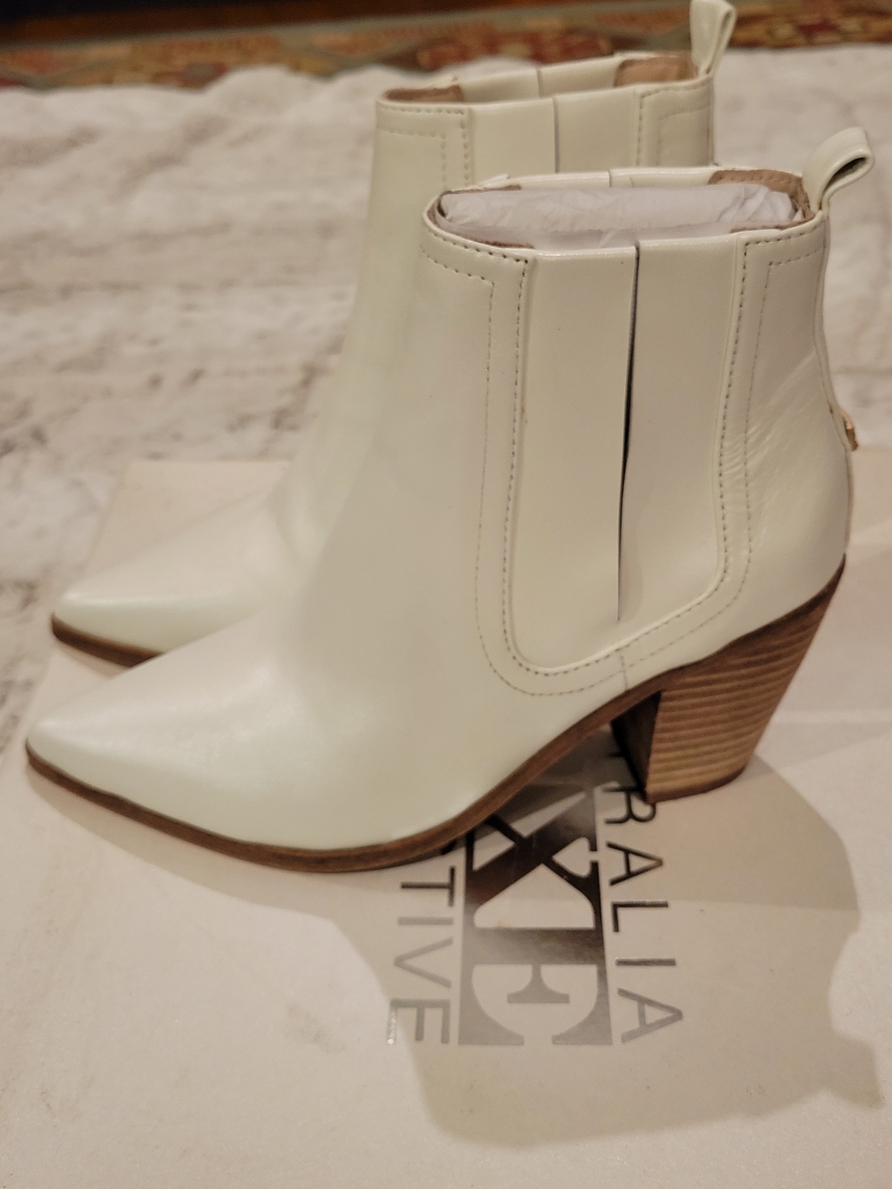 Australia Luxe Collective Cream Pointed Toe Ankle Booties with Stacked Heel